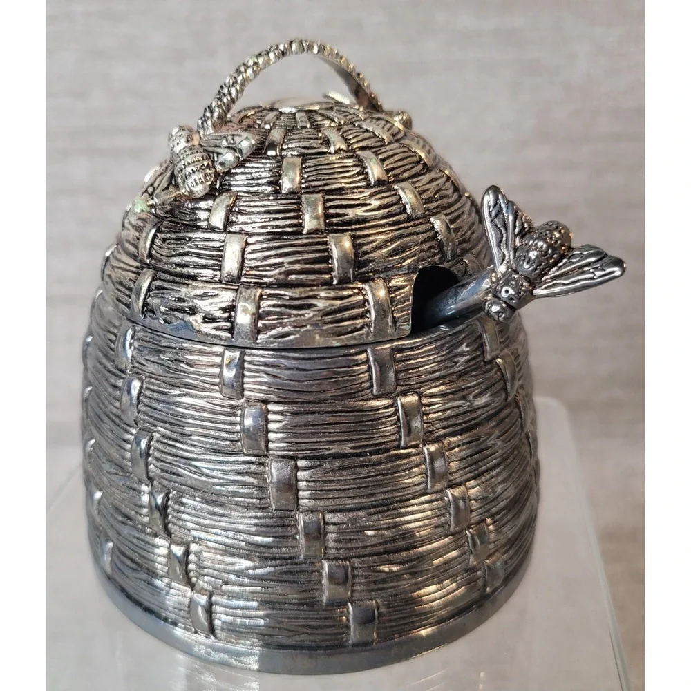 Godinger Art Beehive Honey Pot w/ Lid & Bee Honey Dipper Silver Plate Complete